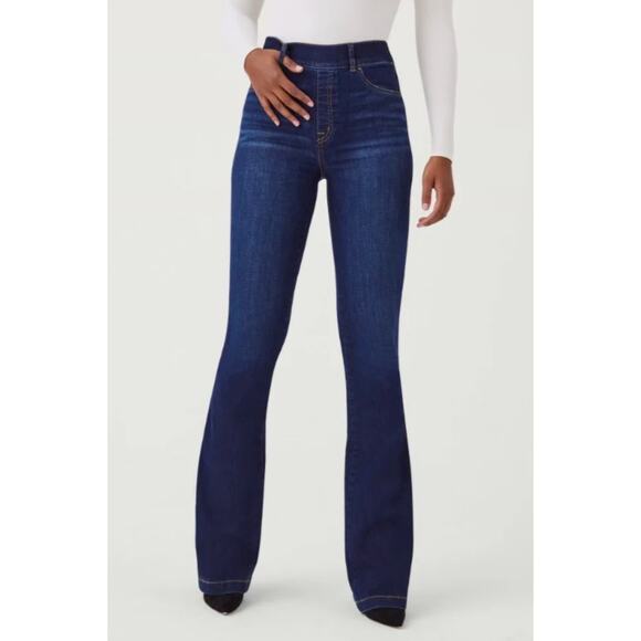 Spanx Flare Jeans High Rise Pull-On Dark Wash Stretch Denim Size Small - Picture 1 of 12